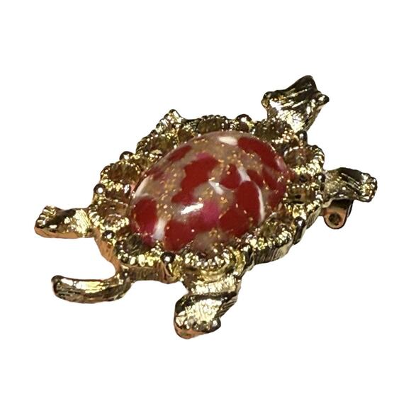 Gerry’s Turtle Brooch Lucite Gold Tone Oval Cabochon Vintage Tortoise Belly Pin - Picture 5 of 11